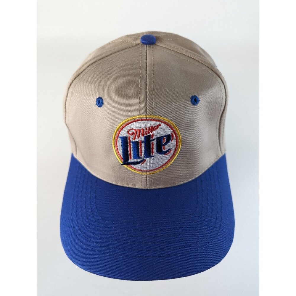 Miller Lite Beer Snapback Hat - Tan Blue Adjustable Baseball Cap - EUC
